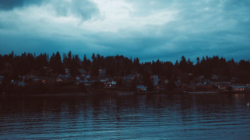 shore, river, home, village, twilight, sunset, sky, 4k