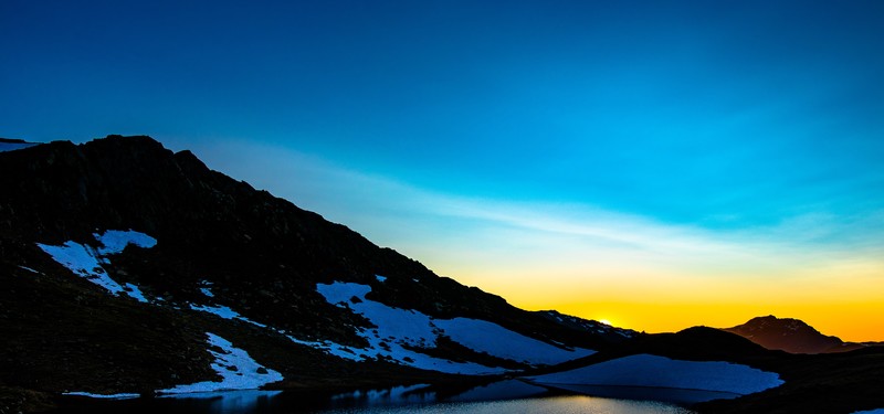 landscape, sunset, mountains, lake, Sun, snow, blue, clear sky