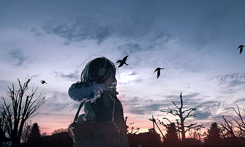 anime, anime girls, outdoors, crow