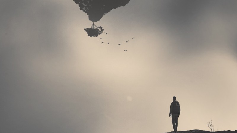 illusion, mountains, David Lock, upside down, gray