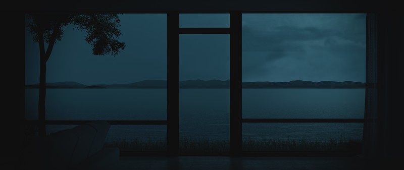 CGI, digital art, lake, window, panorama, dark, night