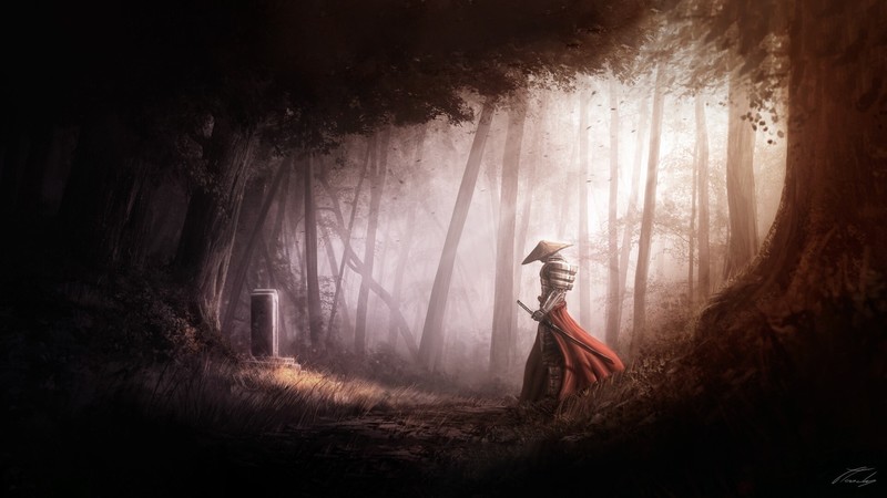 artwork, fantasy art, trees, forest, warrior, side view