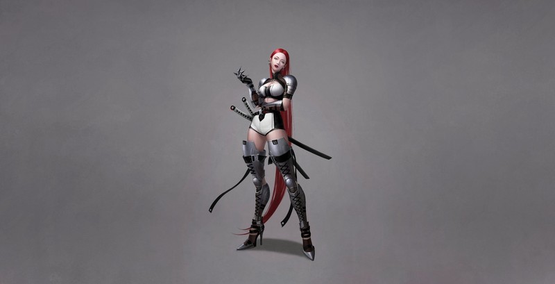 simple background, artwork, fantasy girl, redhead, warrior