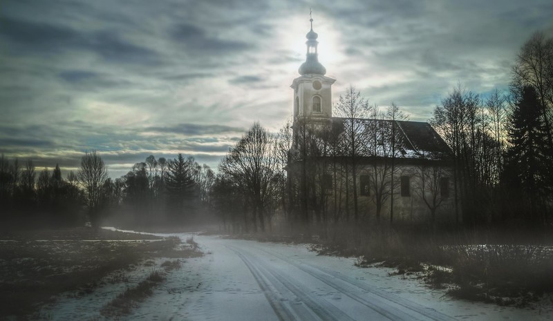 winter, road, church, outdoors, sky