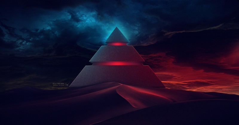 Ellysiumn, pyramid, digital art, sky, dark, red, blue, black, artwork, DeviantArt