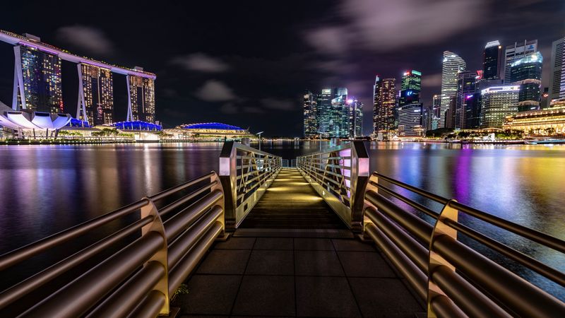 marina, night city, jetty, city lights, singapore, 4k