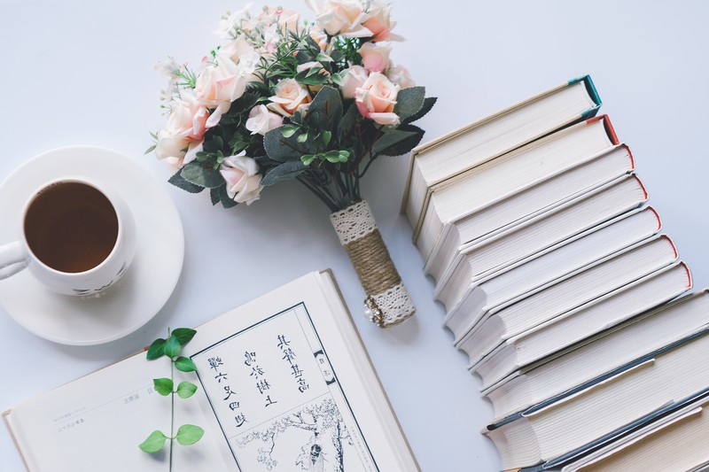 coffee, coffee cup, flowers, books
