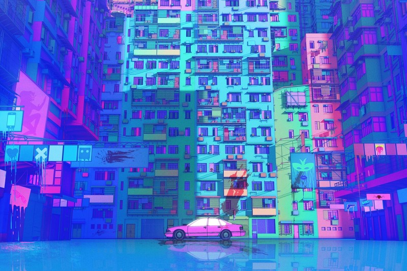 artwork, car, vehicle, building, city, cityscape, cyan, Love, Death & Robots, pastel, pink, neon