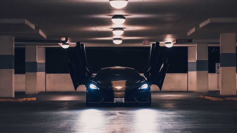 mclaren, sports car, parking, doors, lights, 4k