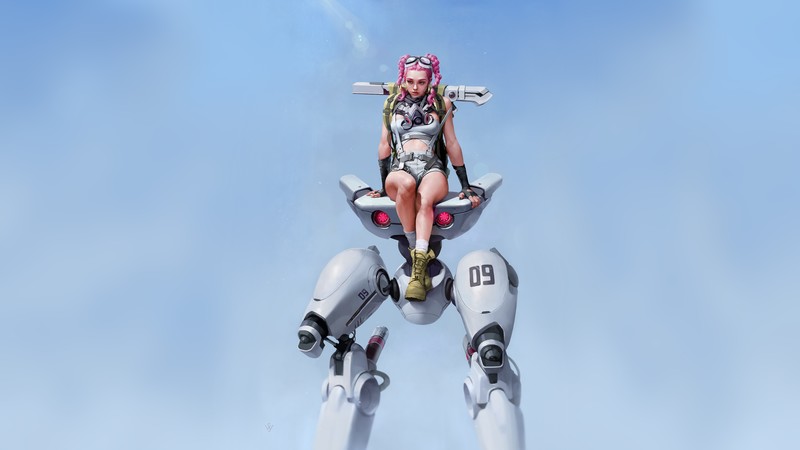 cyberpunk, robot, blue background, pink hair, braided hair, mecha girls