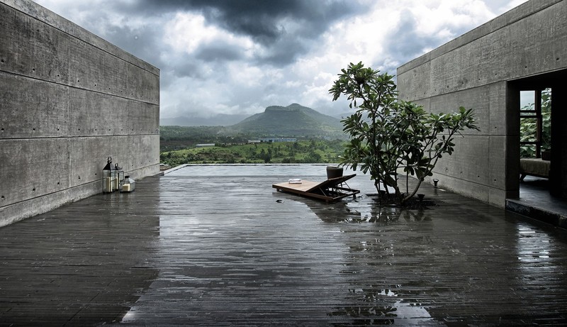 terraces, swimming pool, clouds, mountains, house, architecture