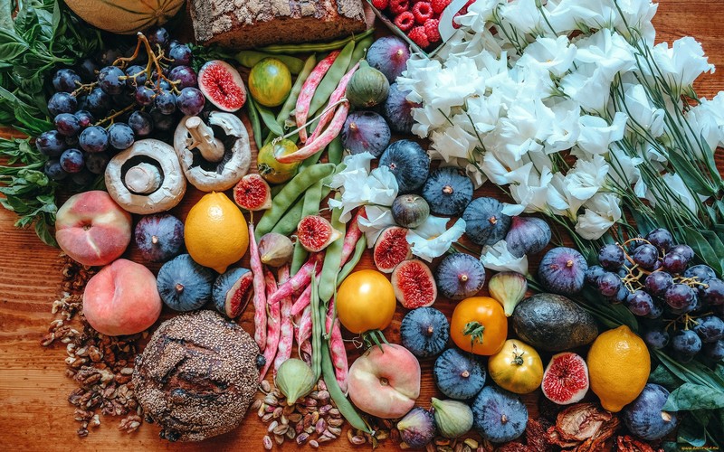 colorful, food, fruit, grapes, mushroom, flowers, bread, wooden surface, fig, lemons, beans