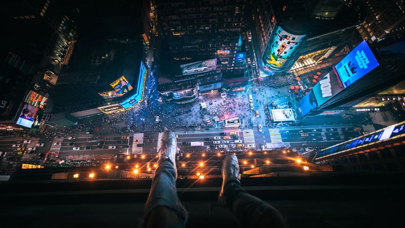 aerial view, night city, feet, overview, new york, united states, 4k