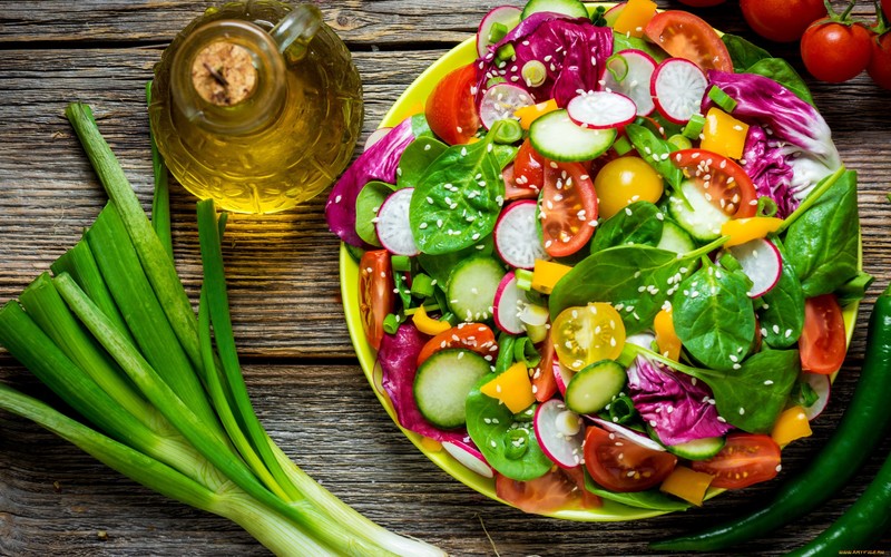 food, colorful, salad, vegetables, olive oil, radish, lettuce, seeds, wooden surface, cucumbers