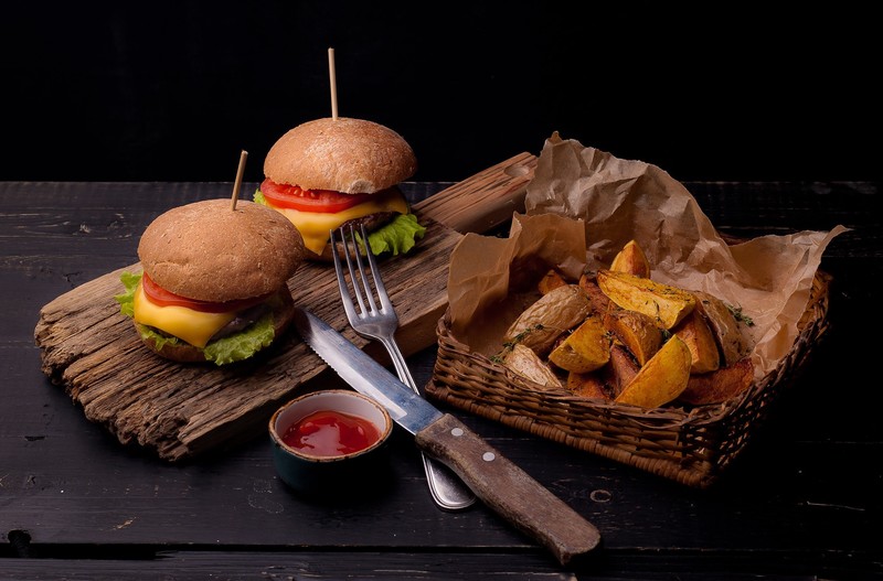 burger, burgers, food, knife, fork