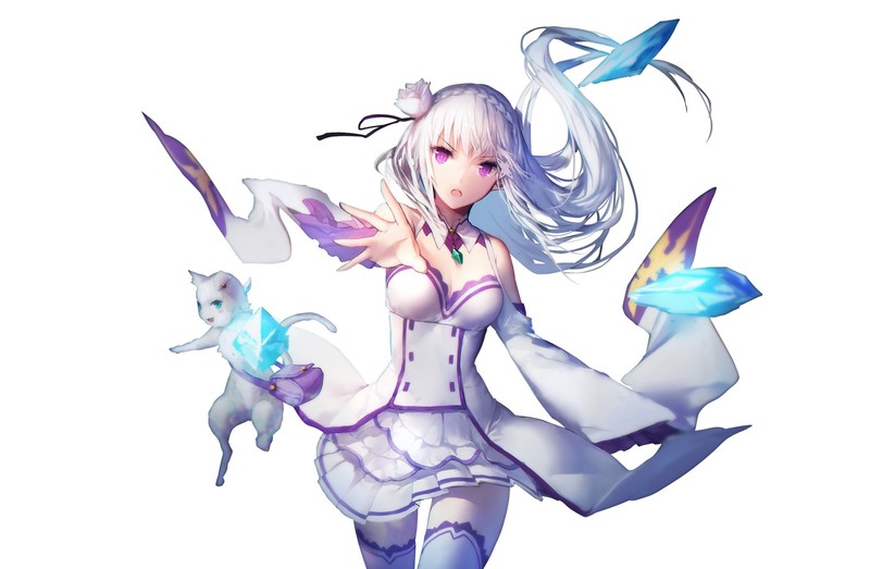 Emilia (Re: Zero), Photoshop, Re:Zero Kara Hajimeru Isekai Seikatsu, swd3e2, white background, purple, white