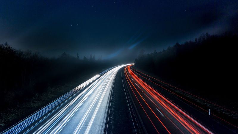 road, backlight, long exposure, movement, turn, night, 4k