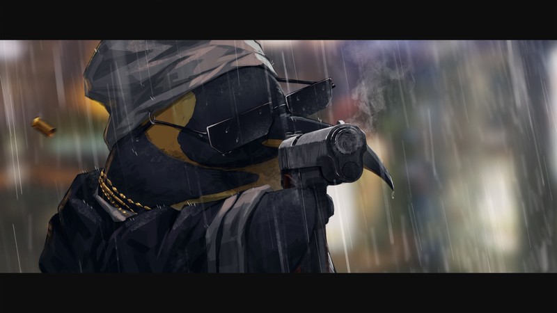 penguins, gun, necklace, smoking, weapon, water, rain, beanie, sunglasses, digital art, artwork, Arknights, pistol