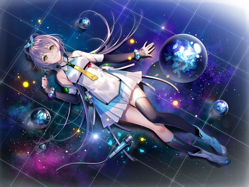artwork, digital art, Vocaloid, Luo Tianyi, dress, twintails, purple hair, ribbon, green eyes, Vocaloid China