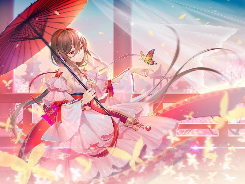 artwork, digital art, Vocaloid, Vocaloid China, bow, brunette, butterfly, umbrella, Yuezheng Ling