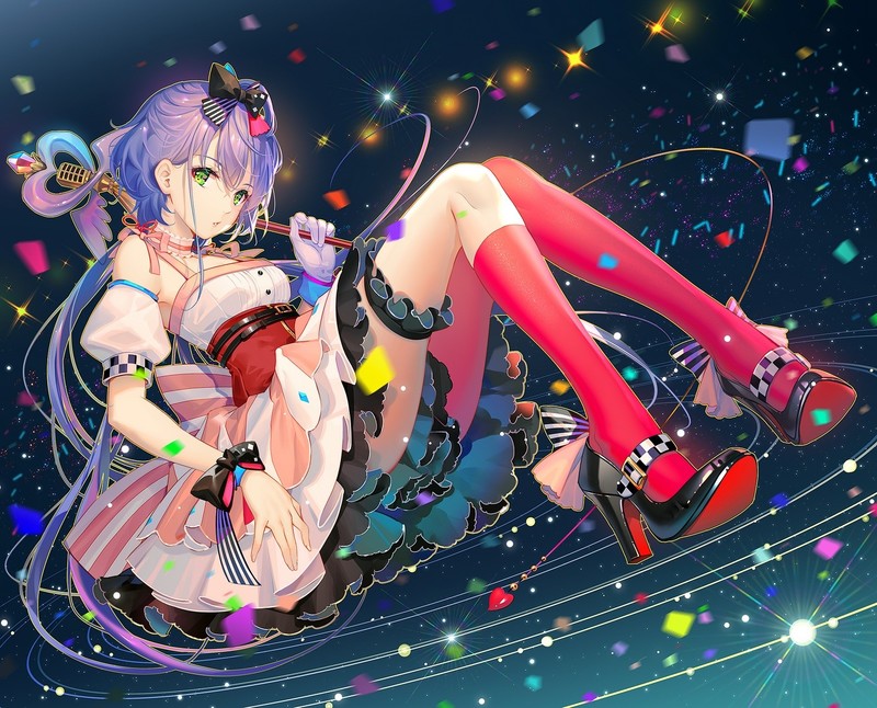 artwork, digital art, Vocaloid, Luo Tianyi, dress, twintails, purple hair, ribbon, green eyes, Vocaloid China