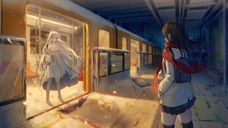 artwork, original characters, school uniform, snow, dress, scarf, white hair, anime, anime girls