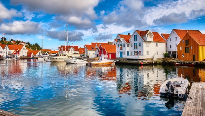Norway, house, water, sky, boat, vehicle, reflection