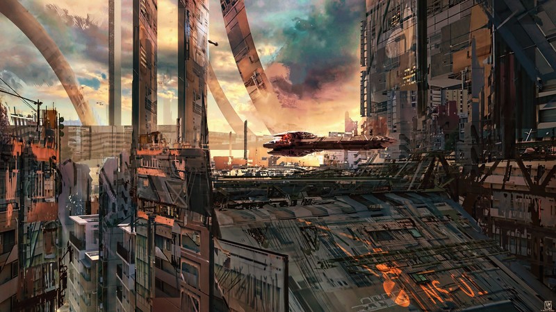 science fiction, digital art, concept art, artwork, futuristic, fantasy art, fan art, 3D, CGI, sunset, spaceship, cyberpunk, cyber, Wadim Kashin