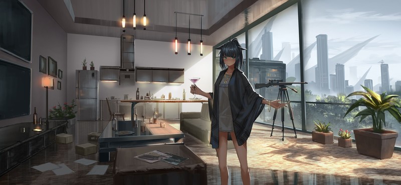 digital art, artwork, anime, anime girls, portrait, short hair, Arknights, room, weapon, city, plants, kitchen, animal ears, Marisa, Jessica(Arknights)