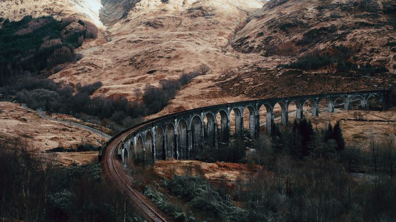 railway, rocks, grass, 4k