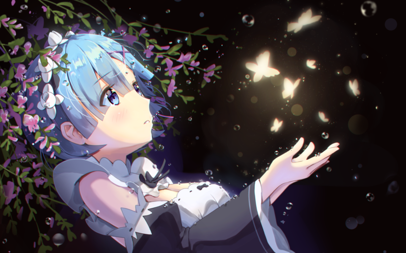 Rem (Re: Zero), Re:Zero Kara Hajimeru Isekai Seikatsu, anime girls, anime, flowers, plants, blue hair, blue eyes