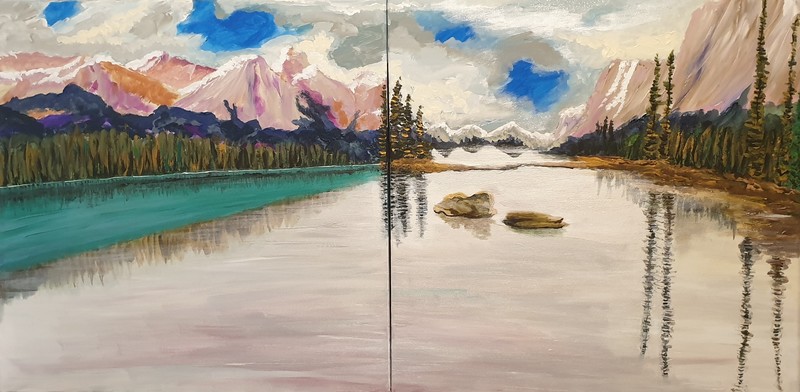 lake, mountains, artwork, nature, painting, water