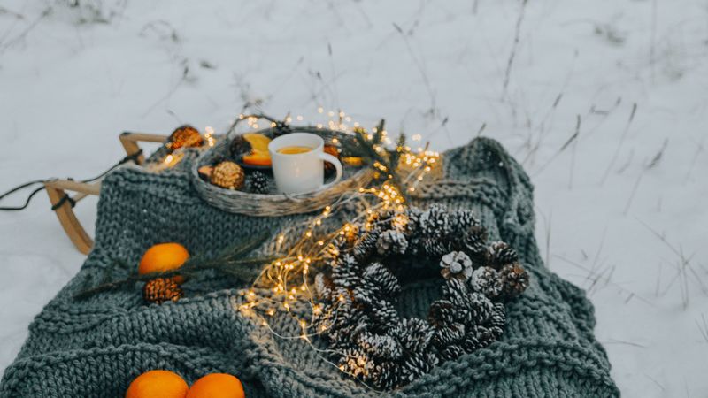 picnic, winter, christmas, comfort, mood, forest, snow, 4k