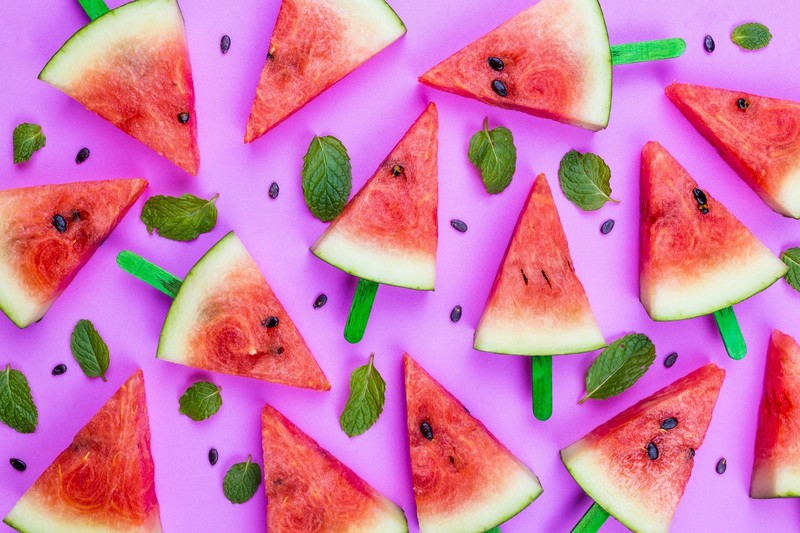 food, sweets, popsicle, fruit, pink, watermelons, leaves