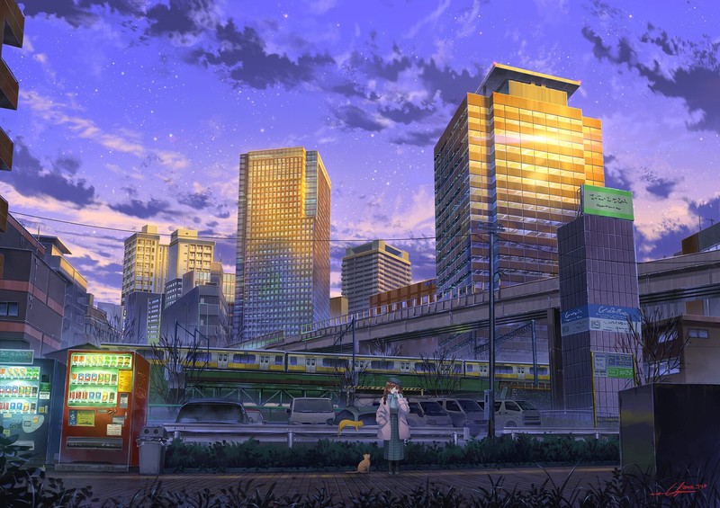anime, anime girls, cityscape, cats, city