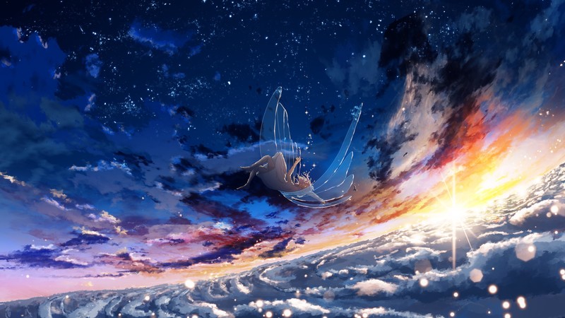 anime, anime girls, sky, clouds, sunlight, blue, wings