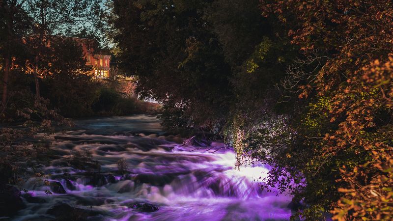 river, current, waterfall, sunset, 4k