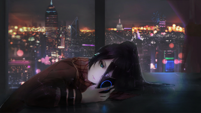 anime, comic art, anime girls, music player, headphones, blue eyes, scarf, lying down, resting head, black hair, dark hair