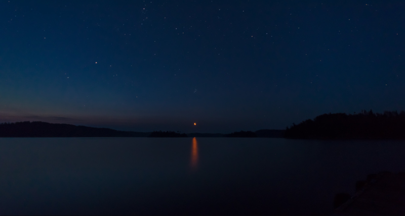 stars, water, Moon, nature, trees