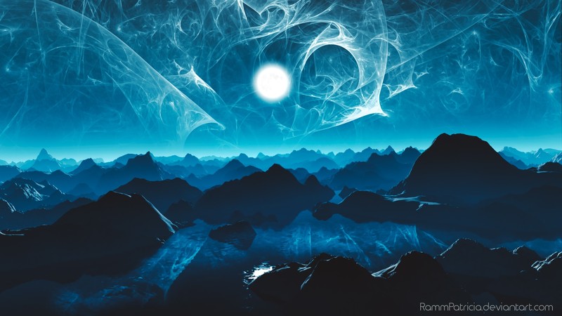 fantasy art, landscape, fractal, mountains, night, Moon, water, reflection, lake, mist, cyan