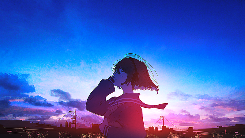 anime girls, anime, sky, headphones, clouds