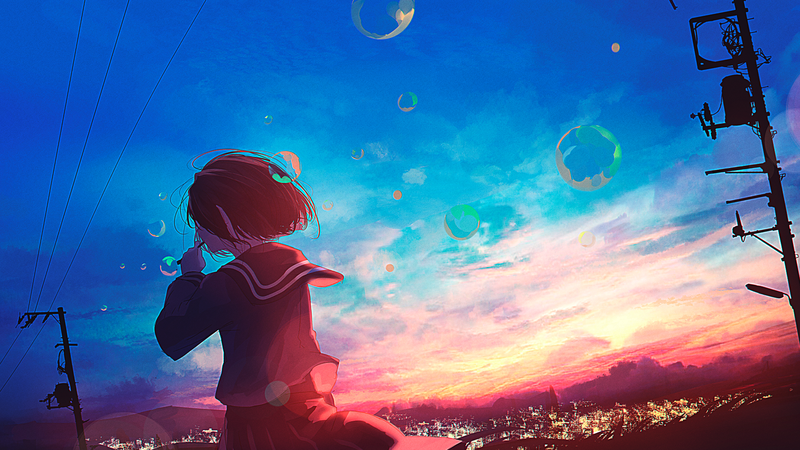 anime girls, anime, sky, sunlight, power lines, outdoors, bubbles
