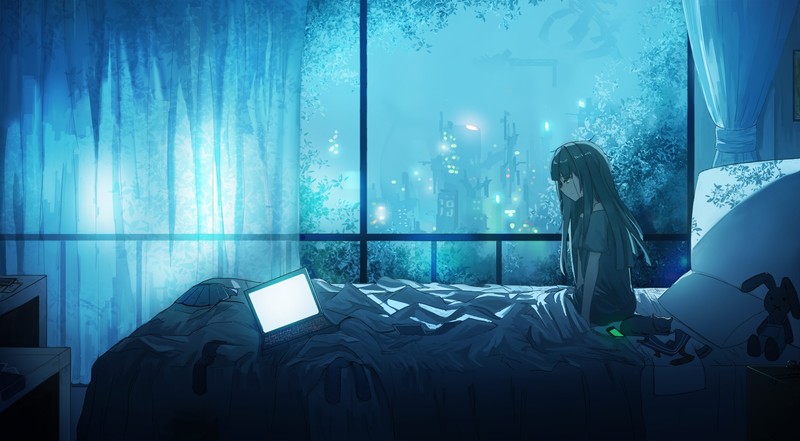 computer, night, curtains, bed, city lights, glowing, anime girls, sad, cyan, Aer7o