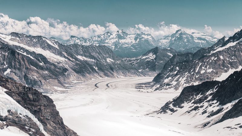 glacier, mountains, snow, peaks, aletsch glacier, switzerland, 4k