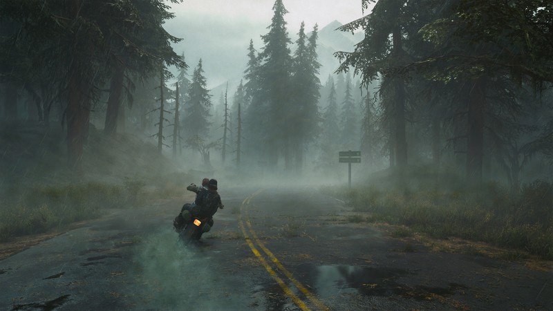 Days Gone, digital art, motorcycle, forest, highway, mist, fantasy art, video games