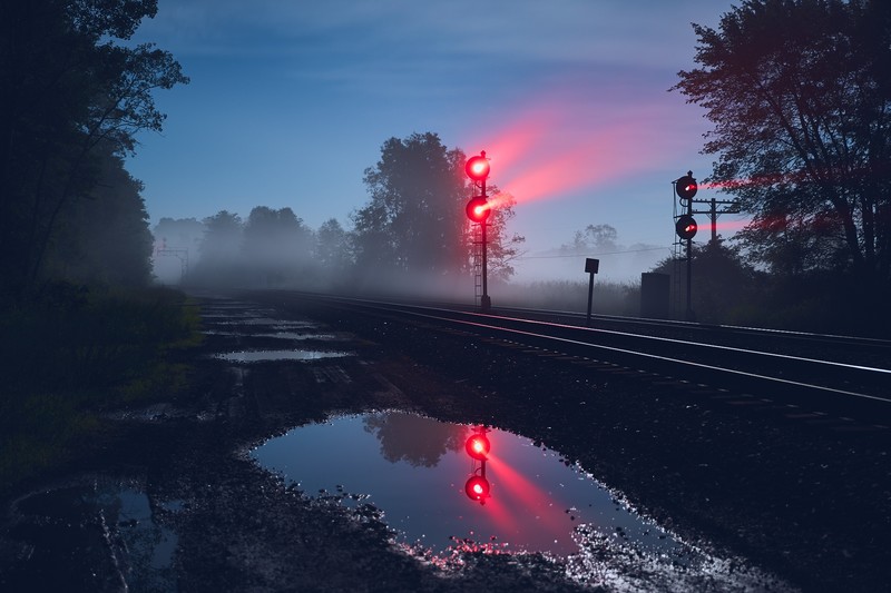 outdoors, reflection, railway, night, puddle, mist, dirt road