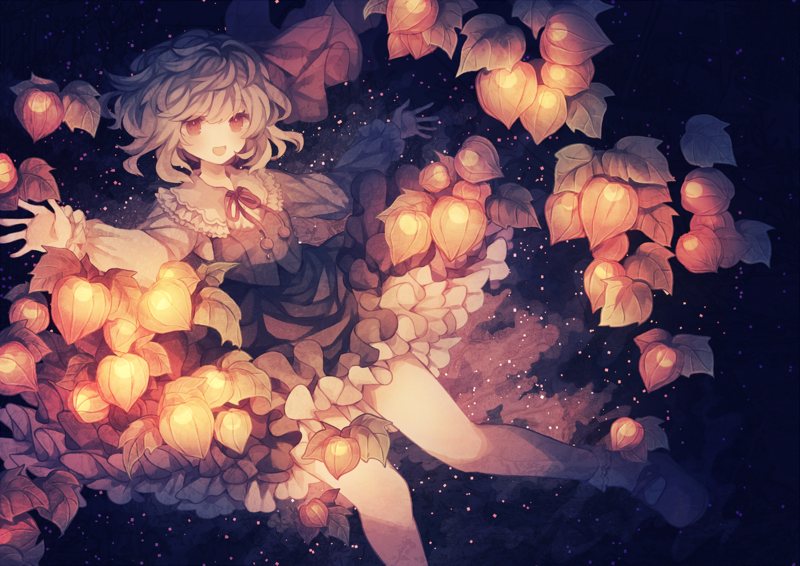 anime, anime girls, digital art, artwork, portrait, short hair, Rumia, Touhou, blonde, open mouth, dress, plants