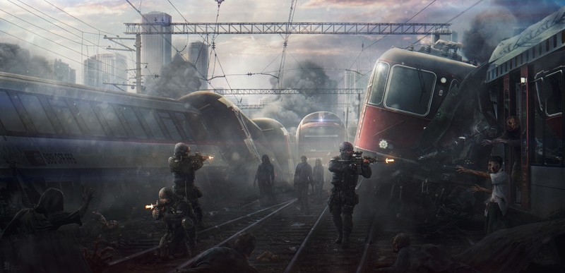 digital art, army, zombies, train station, science fiction, futuristic, city