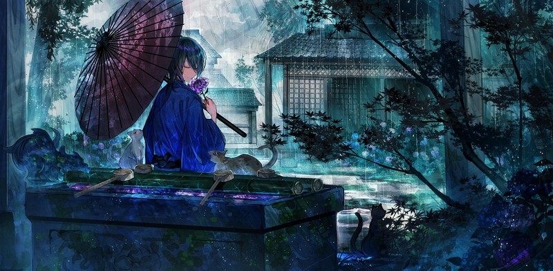 anime, cats, flowers, Japanese clothes, rain, leaves, Male, water, umbrella, black hair, trees, sitting