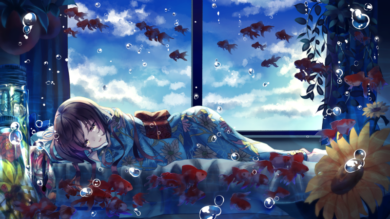 anime, anime girls, original characters, sky, clouds, water, water drops, crying, sunflowers, yukata, long hair, brunette, fish